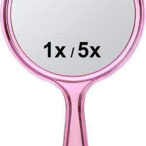 Pink Double-Sided Handheld Makeup Mirror, 10.5″x5.7″, 1X/5X