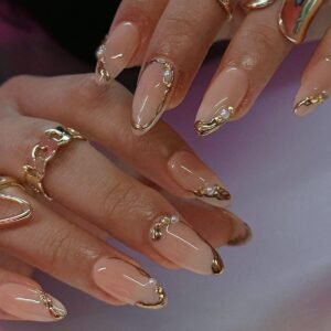 Almond Press-On Nails, French Tip with Gold Line, 24 Pcs
