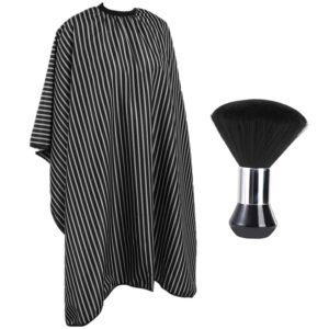 Professional Hair Cutting Cape with Neck Duster Brush – Large, Black & White Stripes