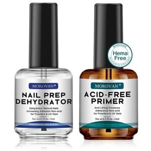 Morovan Acid-Free Nail Prep & Dehydrate Primer Set – Fast Drying, Superior Bonding for Acrylic & Gel Polish
