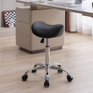 Adjustable Rolling Saddle Stool with Wheels – Black Faux Leather
