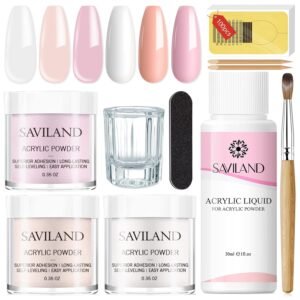 Saviland Acrylic Nail Starter Kit: Clear Pink & Nude Powder, Tools