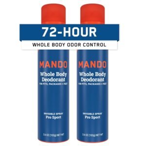 Mando Pro Sport Men’s Invisible Spray Deodorant – 72H Odor Control, Aluminum Free – 2 Pack