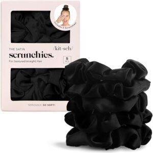 Kitsch Satin Hair Scrunchies – No Crease, Gentle, 5 Pack – Black