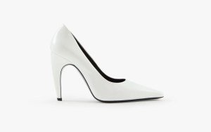 Jude Fame Pump in Brushed White Leather with almond toe and curved dagger heel.