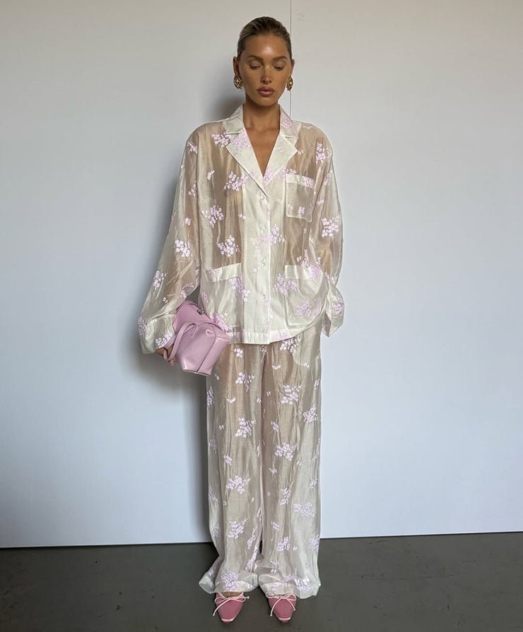 Indulge in Comfort: Elsa Hosk’s Stunning Helsa Cherry Blossom Embroidered Pajama Top