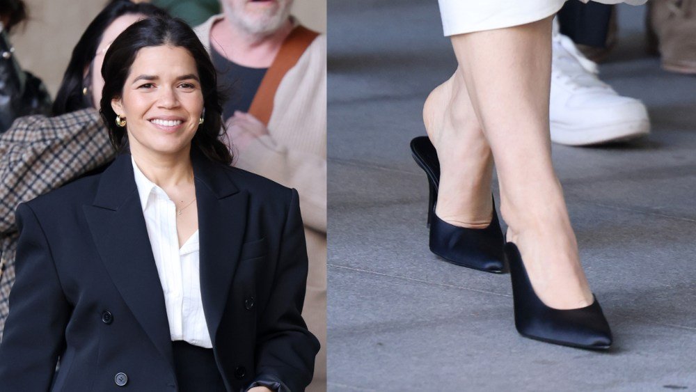 America Ferrera Pairs Minimalist Mules with a Power Suit in London