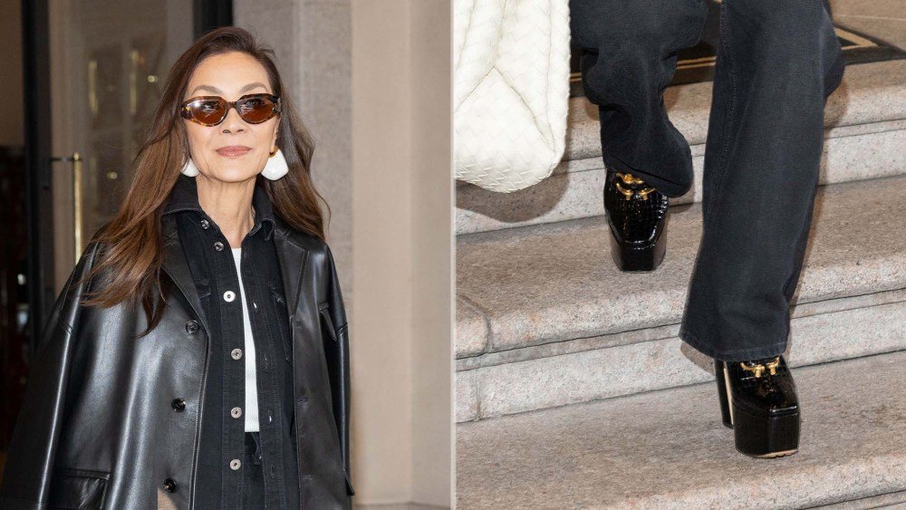 Michelle Yeoh Stuns in Sky-High Bottega Veneta Croc-Embossed Platforms at Milan Fashion Week
