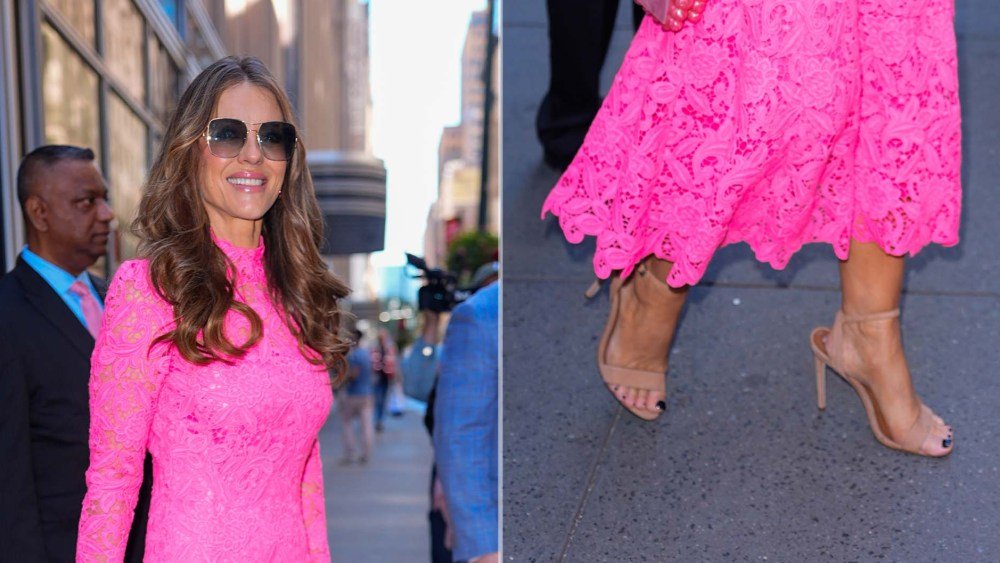 Elizabeth Hurley Swaps Gold Sandals for Minimalist Nude Heels at Estée Lauder’s Breast Cancer Campaign in NYC